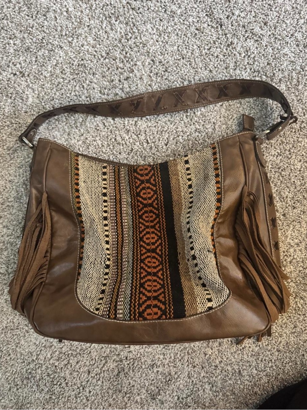 Boho Fringe Brown Leather & Woven Shoulder Bag